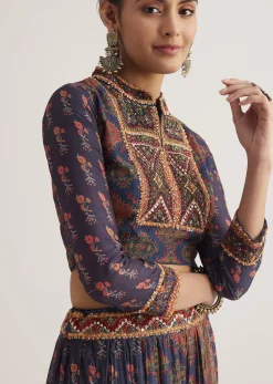 Navy Blue Silk Skirt Set With Orange Indie Prints