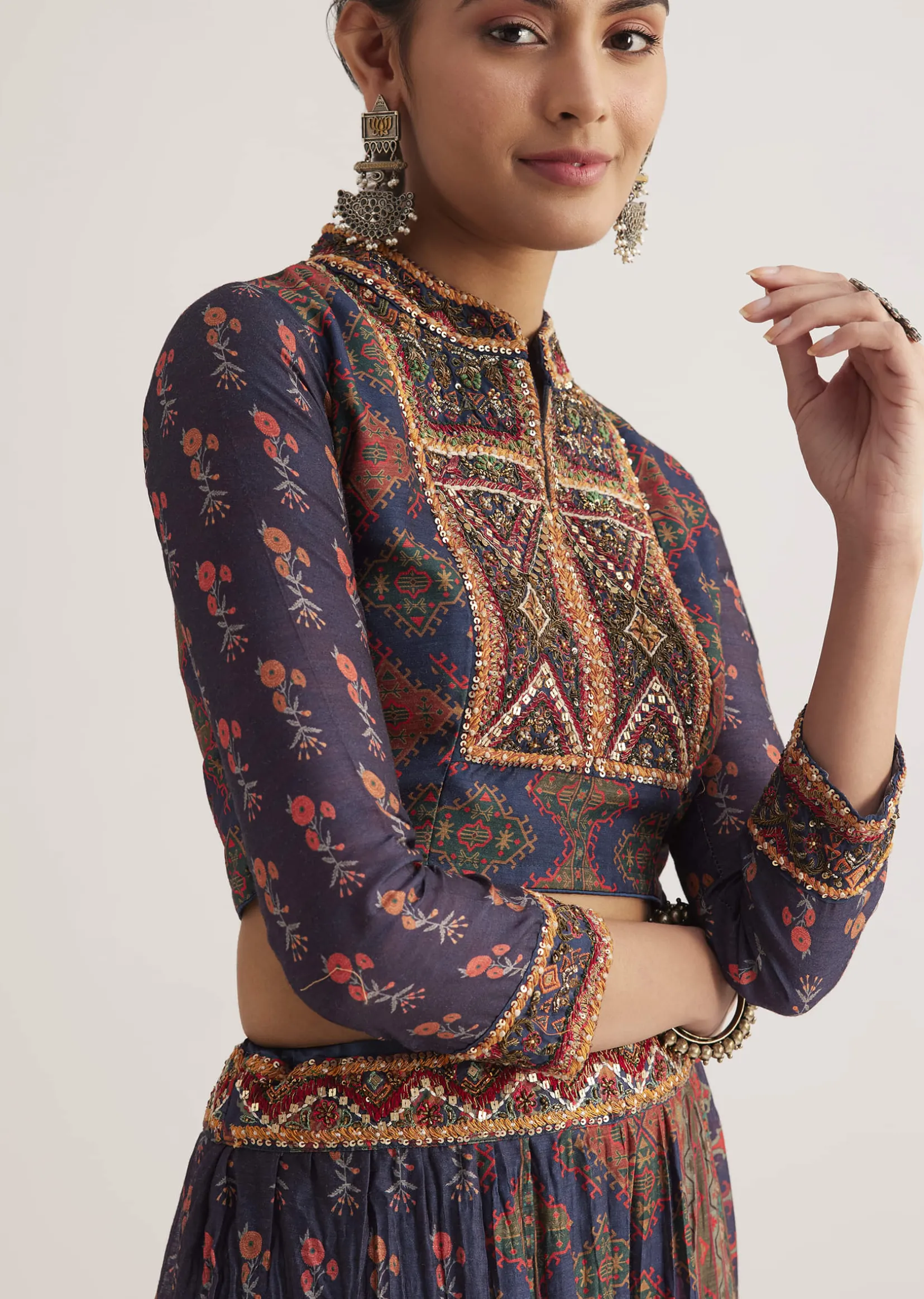 Navy Blue Silk Skirt Set With Orange Indie Prints