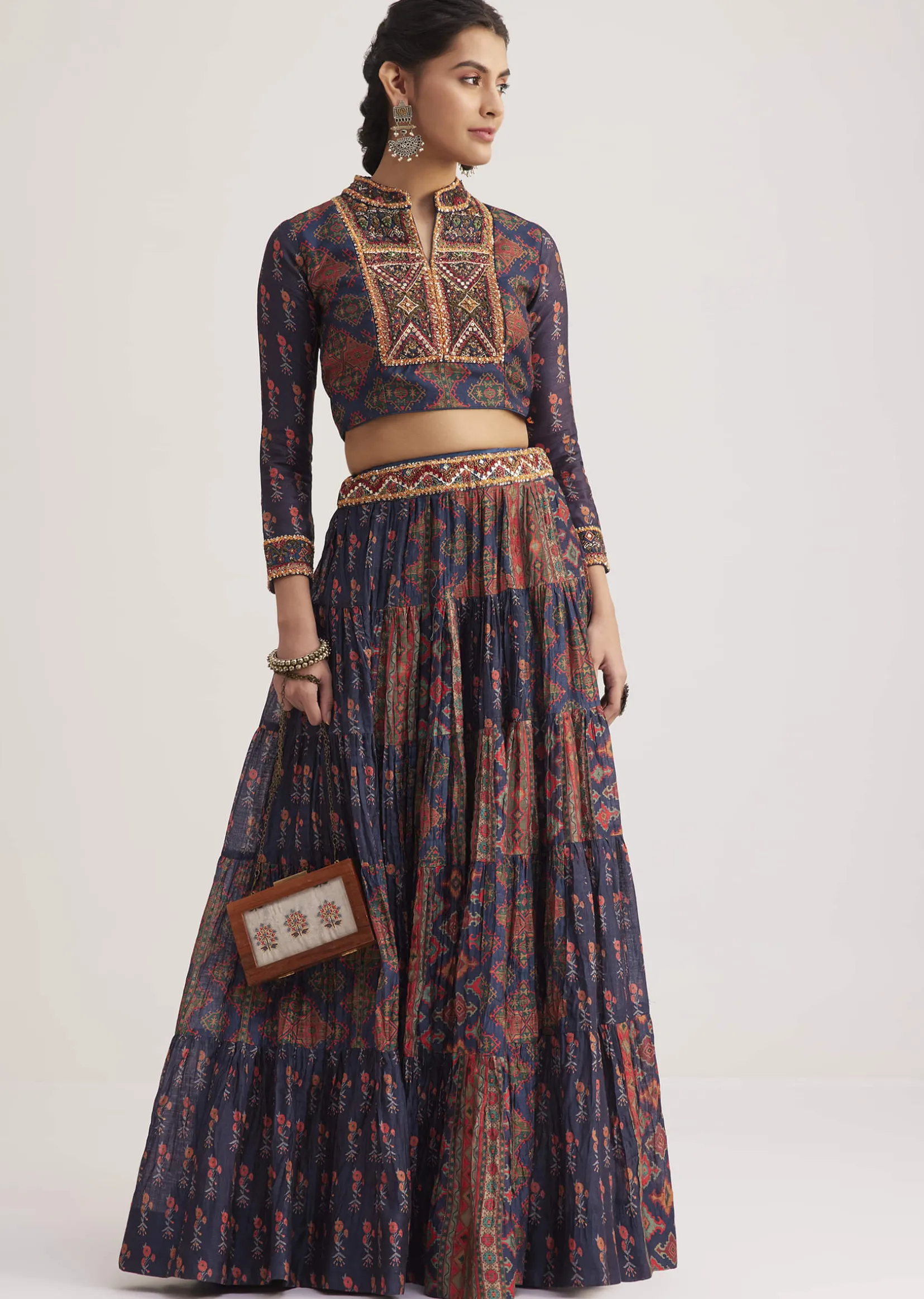Navy Blue Silk Skirt Set With Orange Indie Prints