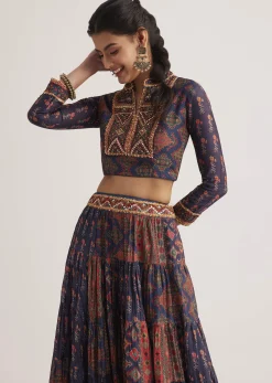 Navy Blue Silk Skirt Set With Orange Indie Prints