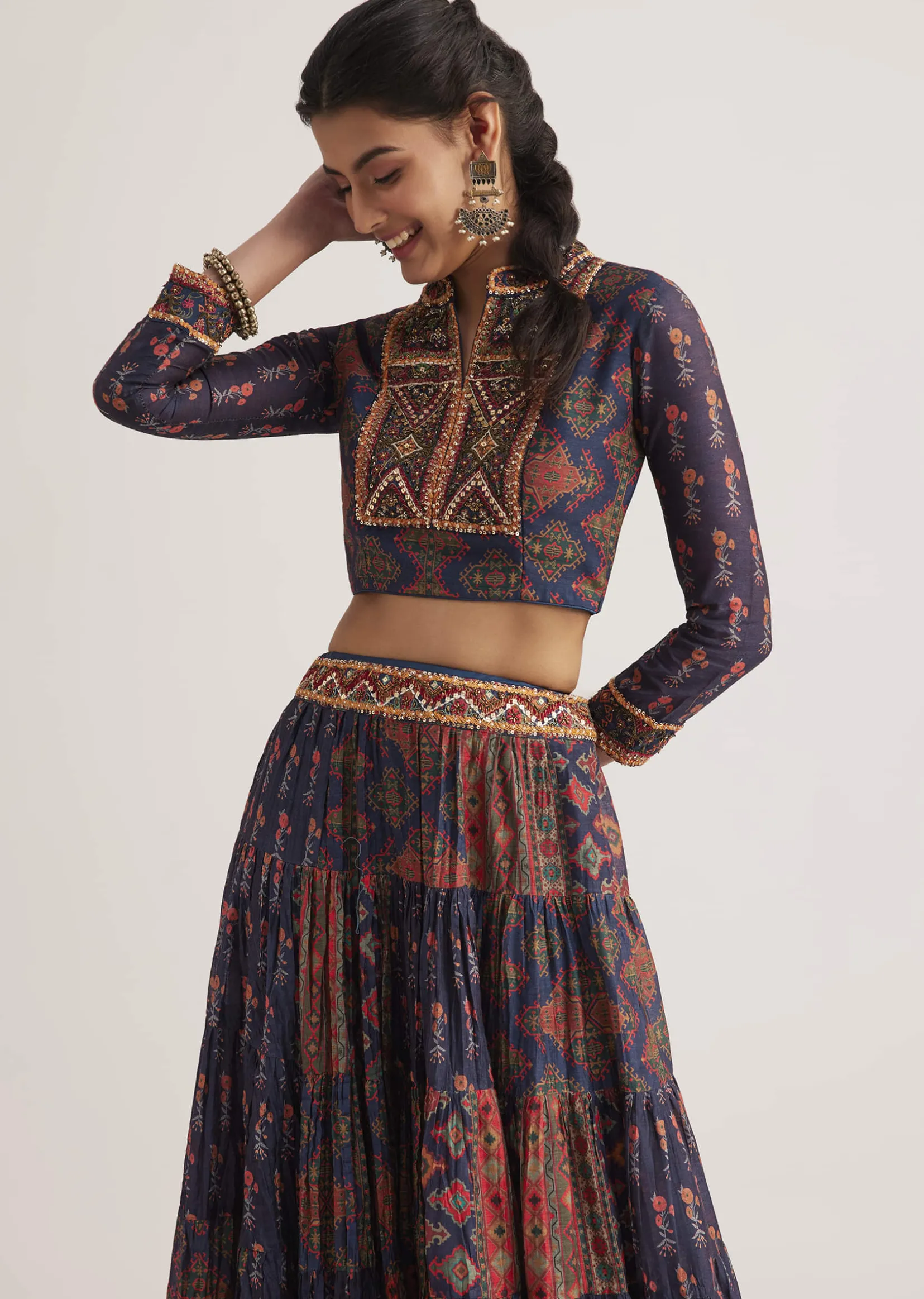 Navy Blue Silk Skirt Set With Orange Indie Prints
