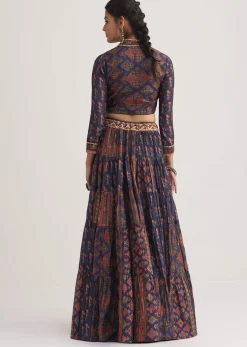 Navy Blue Silk Skirt Set With Orange Indie Prints