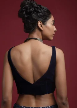 Navy blue Sleeveless Blouse With Leaf Shaped Neckline Online - Kalki Fashion