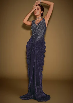 Navy Blue Sleeveless Velvet Corset Drape Gown With 3D Embellishments