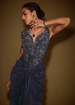 Navy Blue Sleeveless Velvet Corset Drape Gown With 3D Embellishments
