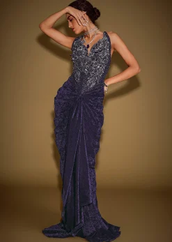 Navy Blue Sleeveless Velvet Corset Drape Gown With 3D Embellishments