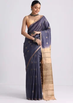 Navy Blue Spun Silk Saree With Butti Work