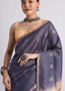 Navy Blue Spun Silk Saree With Butti Work