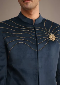 Navy Blue Suede Embroidered Jodhpuri Set With Poth Work
