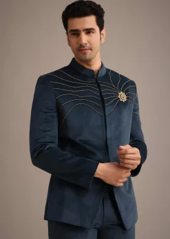 Navy Blue Suede Embroidered Jodhpuri Set With Poth Work