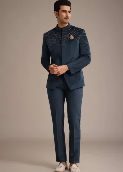 Navy Blue Suede Embroidered Jodhpuri Set With Poth Work