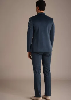 Navy Blue Suede Embroidered Jodhpuri Set With Poth Work