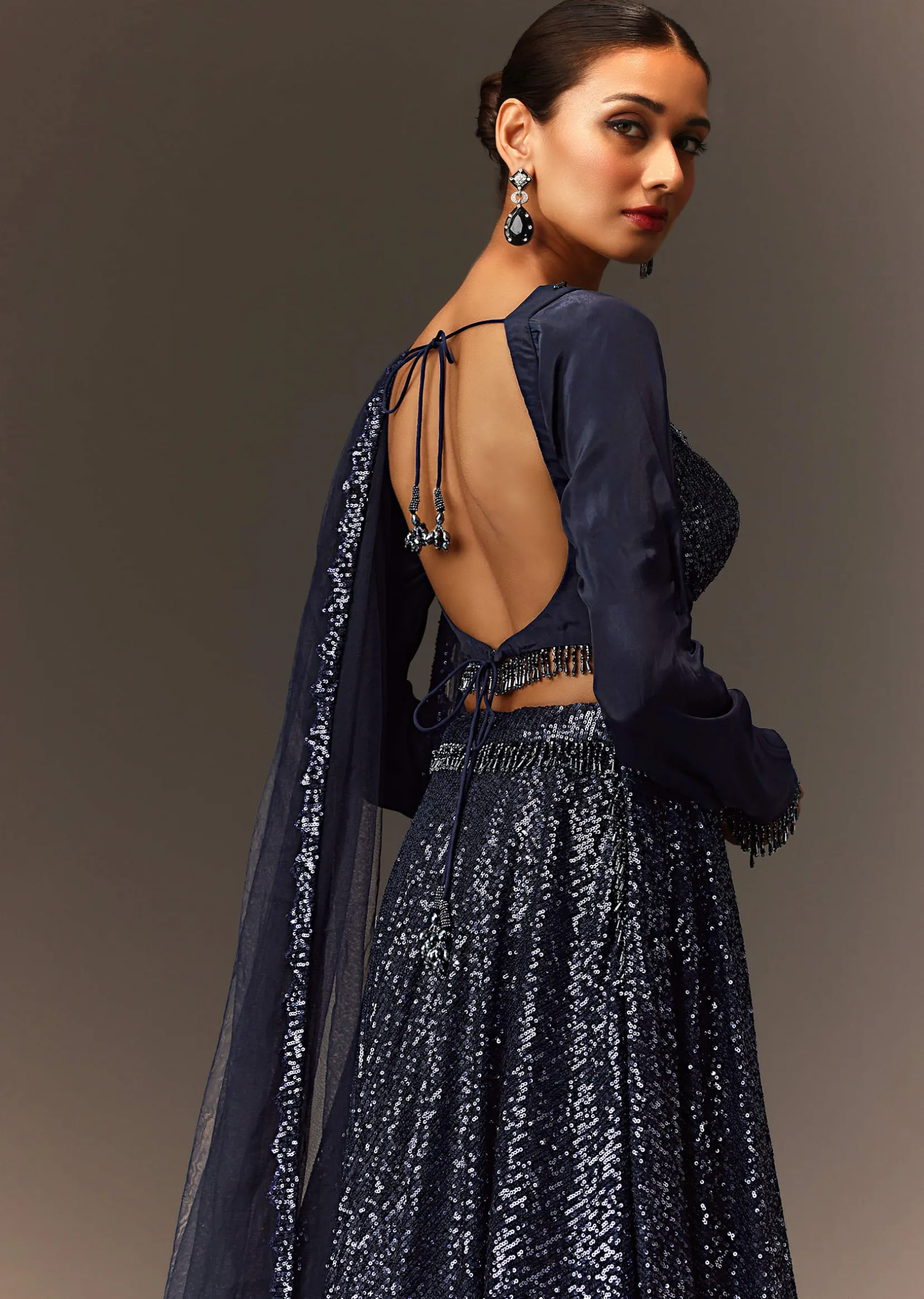 Navy Blue Tie Up Blouse And Embroidered Lehenga With Detailed Border Dupatta