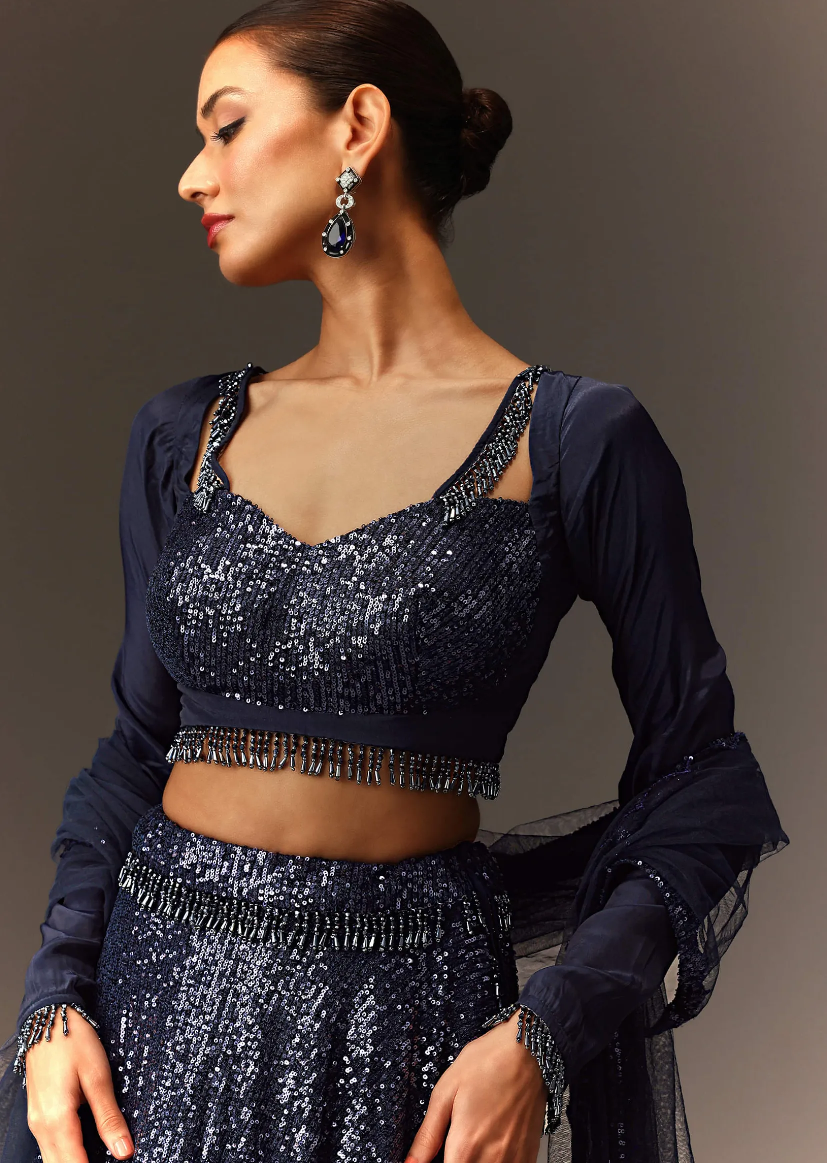 Navy Blue Tie Up Blouse And Embroidered Lehenga With Detailed Border Dupatta