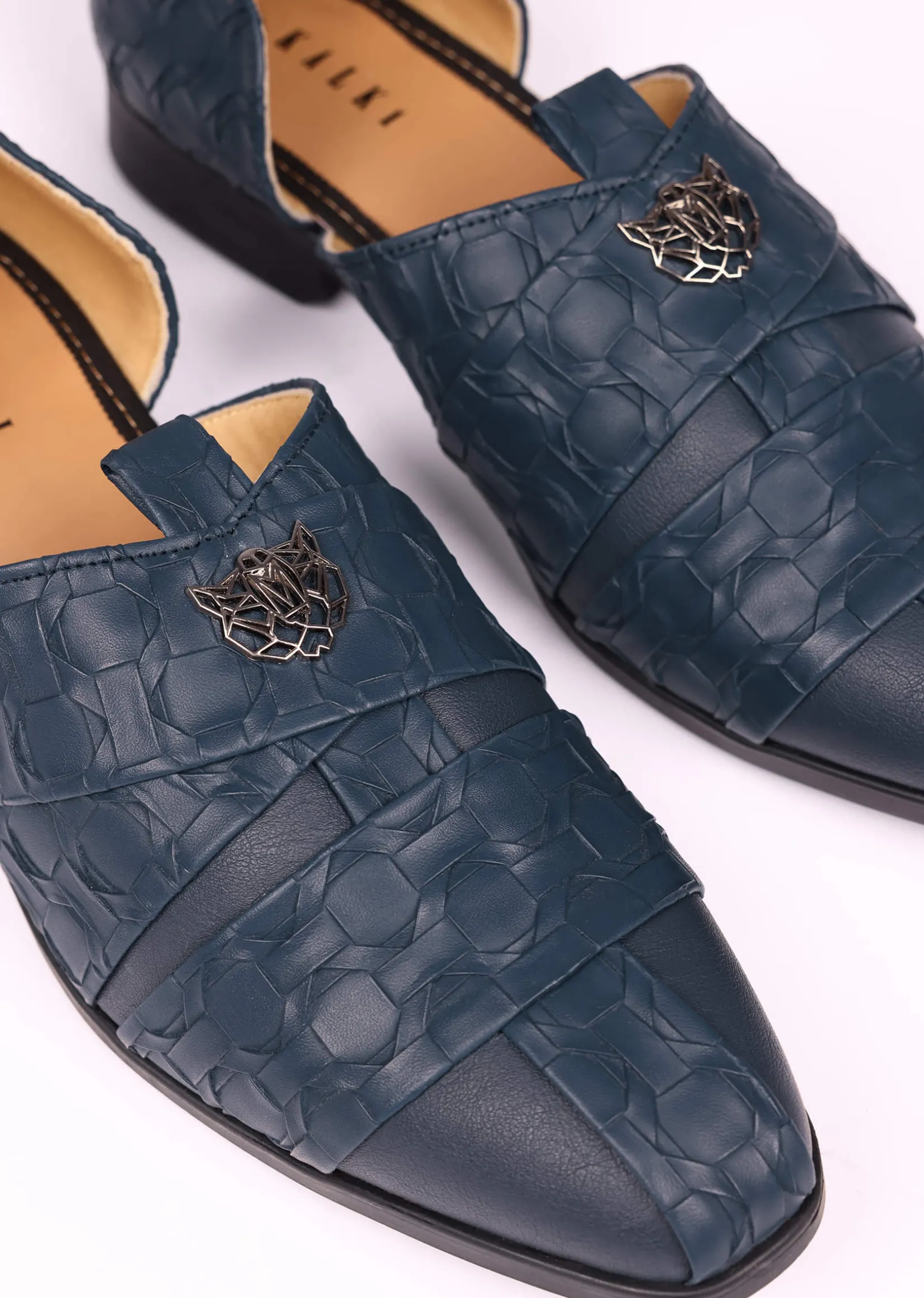 Navy Blue Vegan Leather Jutti With Criss Cross Pattern