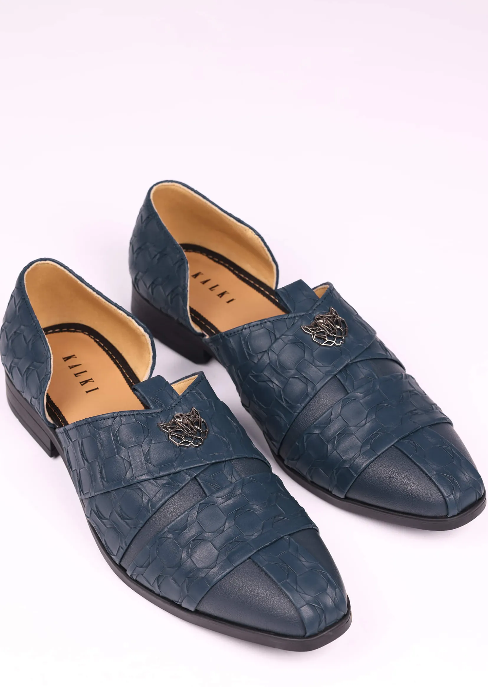 Navy Blue Vegan Leather Jutti With Criss Cross Pattern