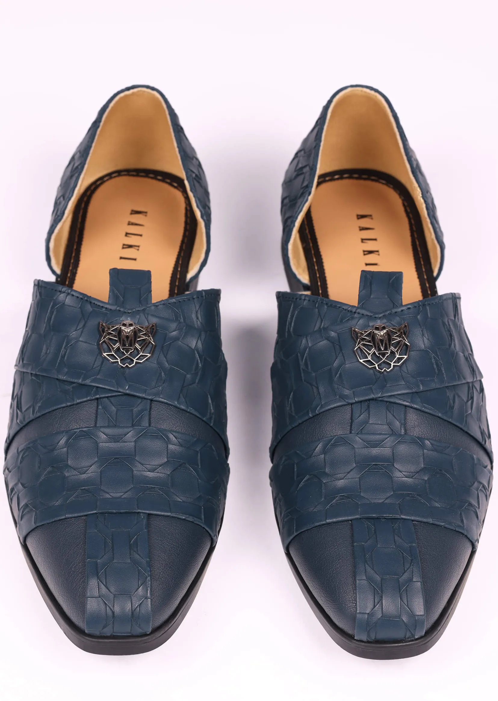 Navy Blue Vegan Leather Jutti With Criss Cross Pattern