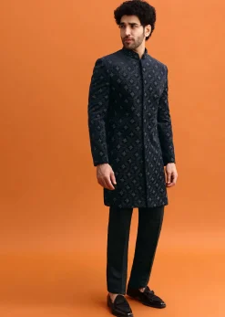 Navy Blue Velvet Indowestern Set With Hand Work For Men