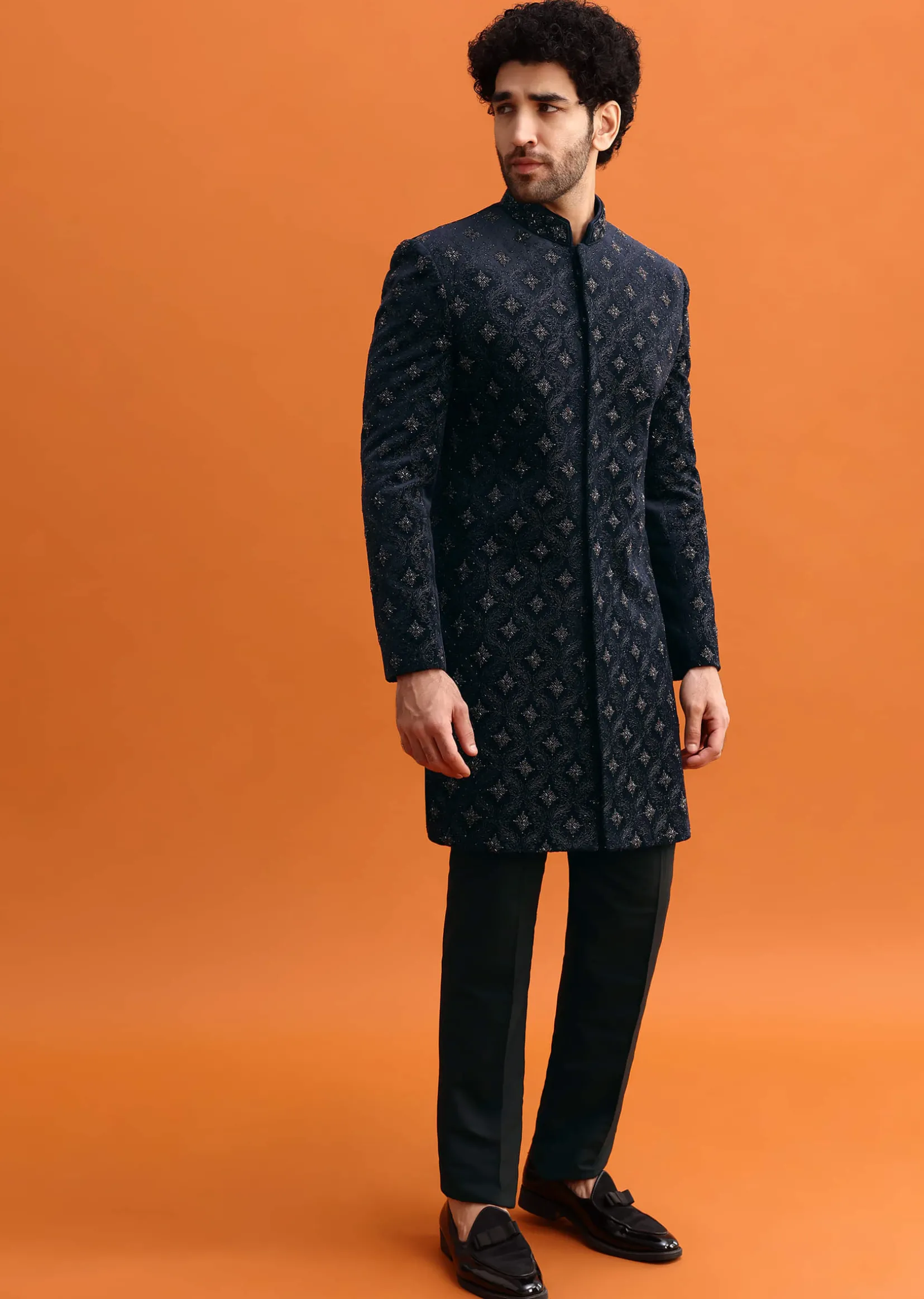 Navy Blue Velvet Indowestern Set With Hand Work For Men