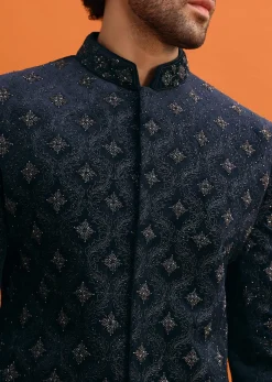Navy Blue Velvet Indowestern Set With Hand Work For Men