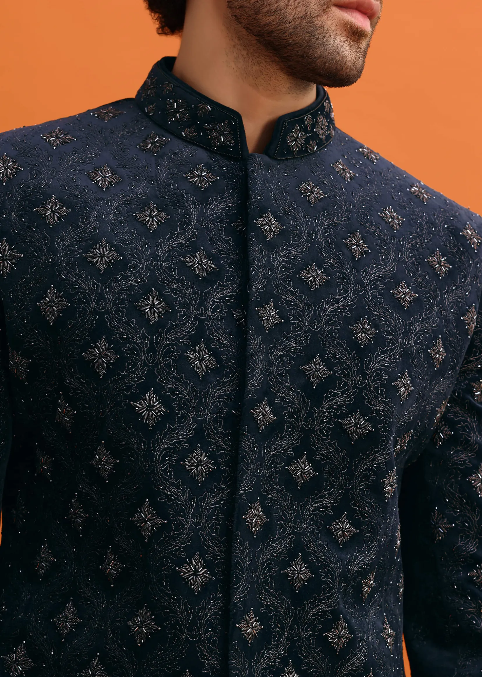 Navy Blue Velvet Indowestern Set With Hand Work For Men