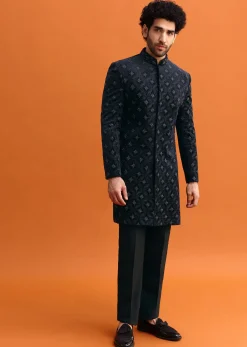 Navy Blue Velvet Indowestern Set With Hand Work For Men