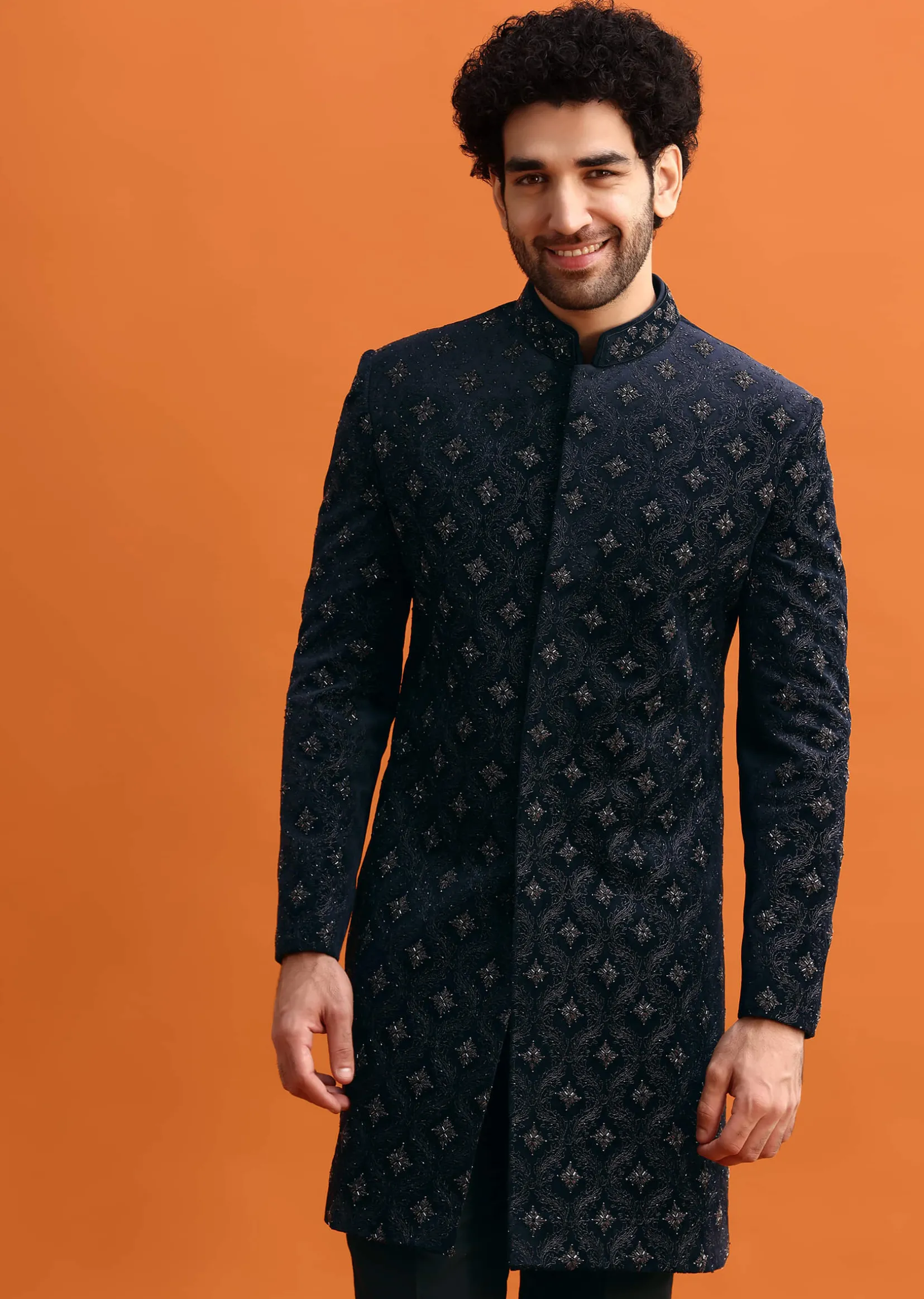 Navy Blue Velvet Indowestern Set With Hand Work For Men