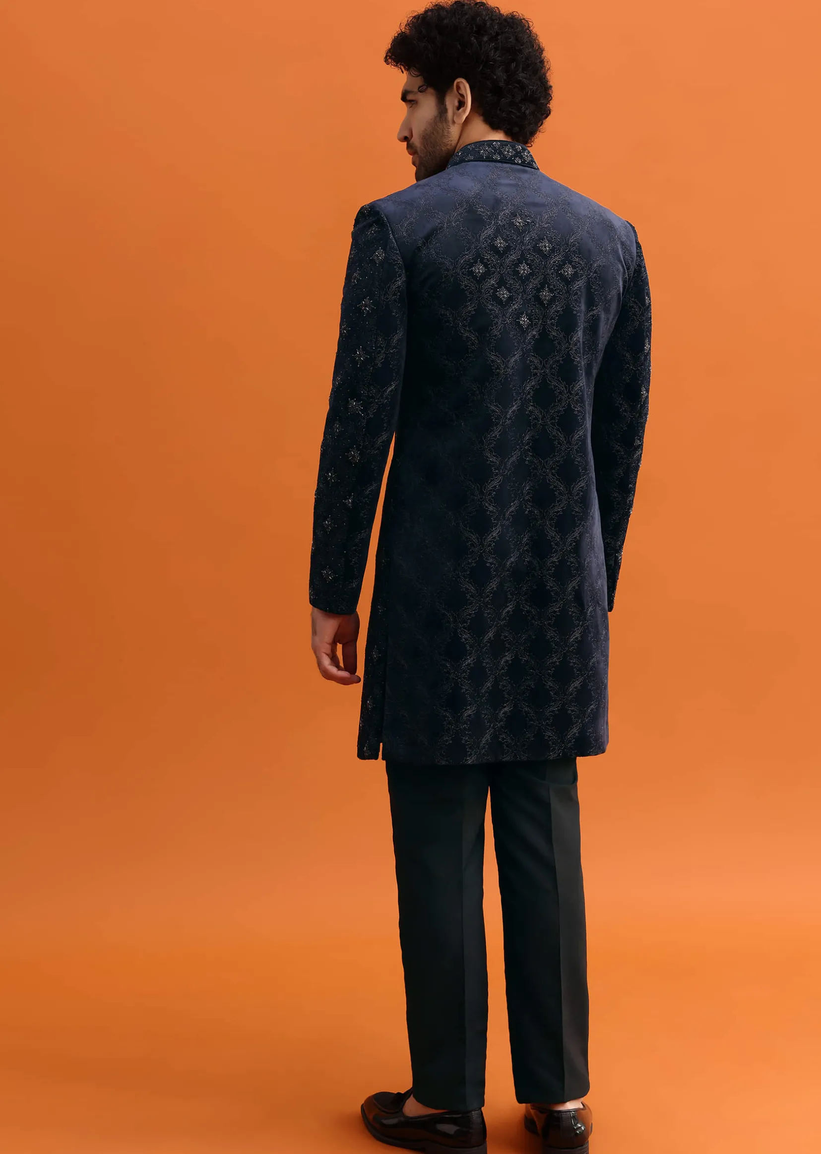 Navy Blue Velvet Indowestern Set With Hand Work For Men
