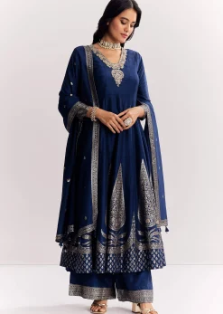 Navy Blue Weave Silk Anarkali Suit With Dupatta