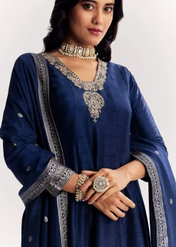 Navy Blue Weave Silk Anarkali Suit With Dupatta