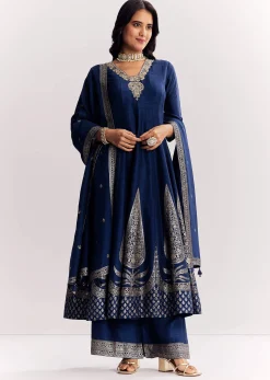 Navy Blue Weave Silk Anarkali Suit With Dupatta