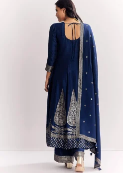 Navy Blue Weave Silk Anarkali Suit With Dupatta
