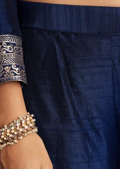 Navy Blue Weave Silk Anarkali Suit With Dupatta