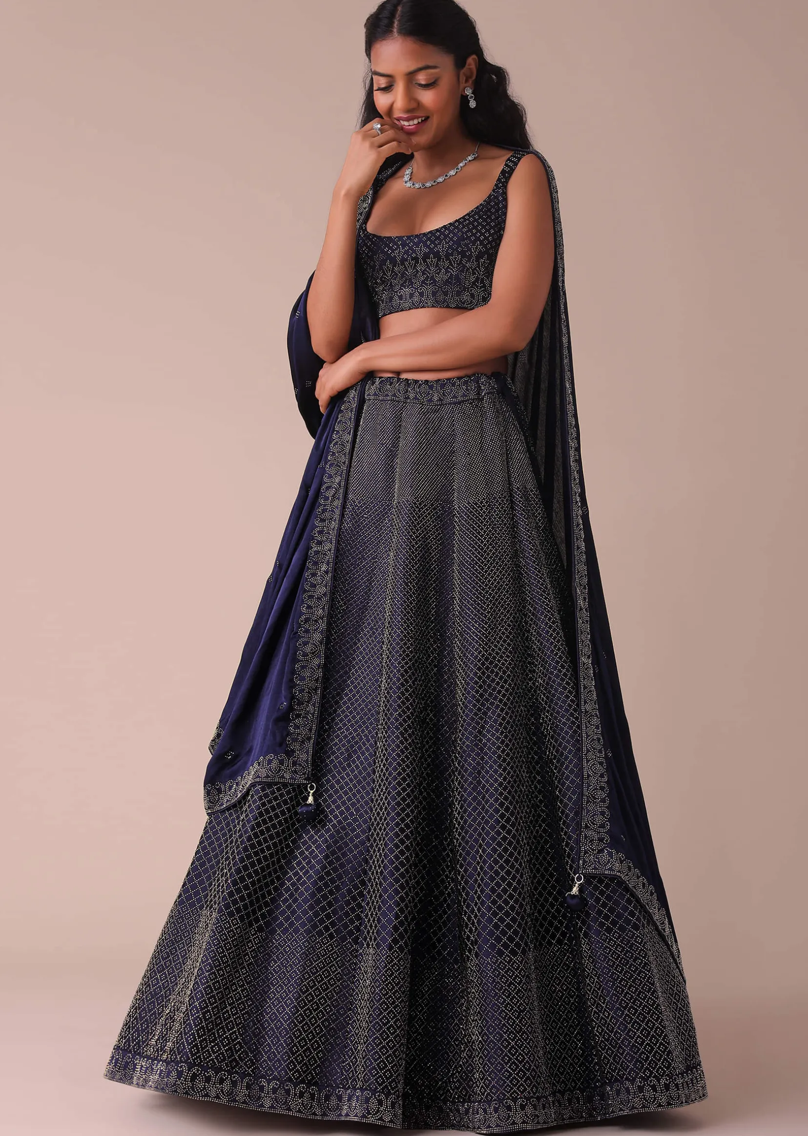 Navy Blue Wrinkle Satin Lehenga With Swarovski Crystals