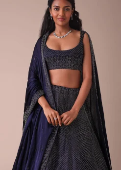 Navy Blue Wrinkle Satin Lehenga With Swarovski Crystals