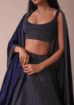 Navy Blue Wrinkle Satin Lehenga With Swarovski Crystals