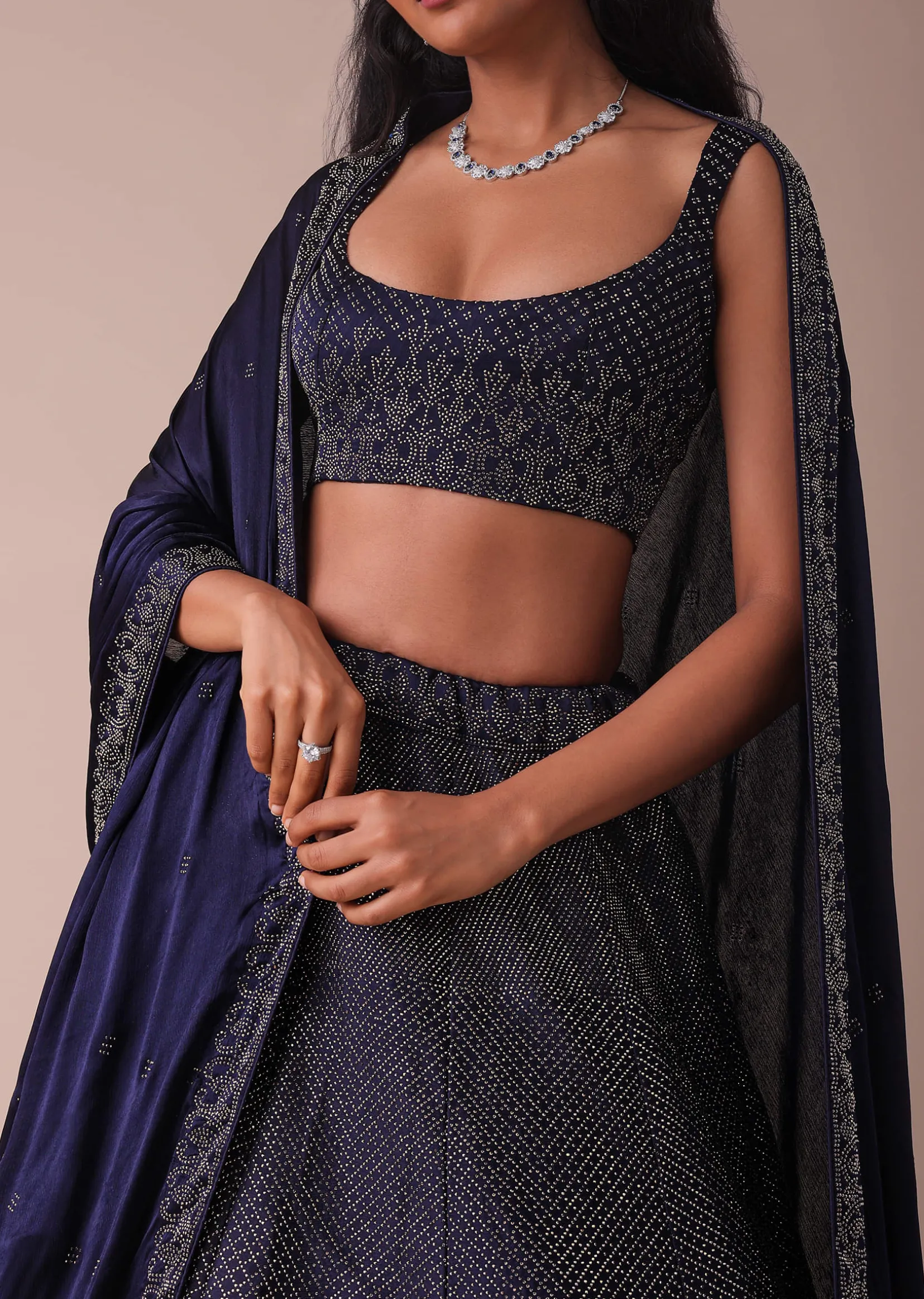 Navy Blue Wrinkle Satin Lehenga With Swarovski Crystals