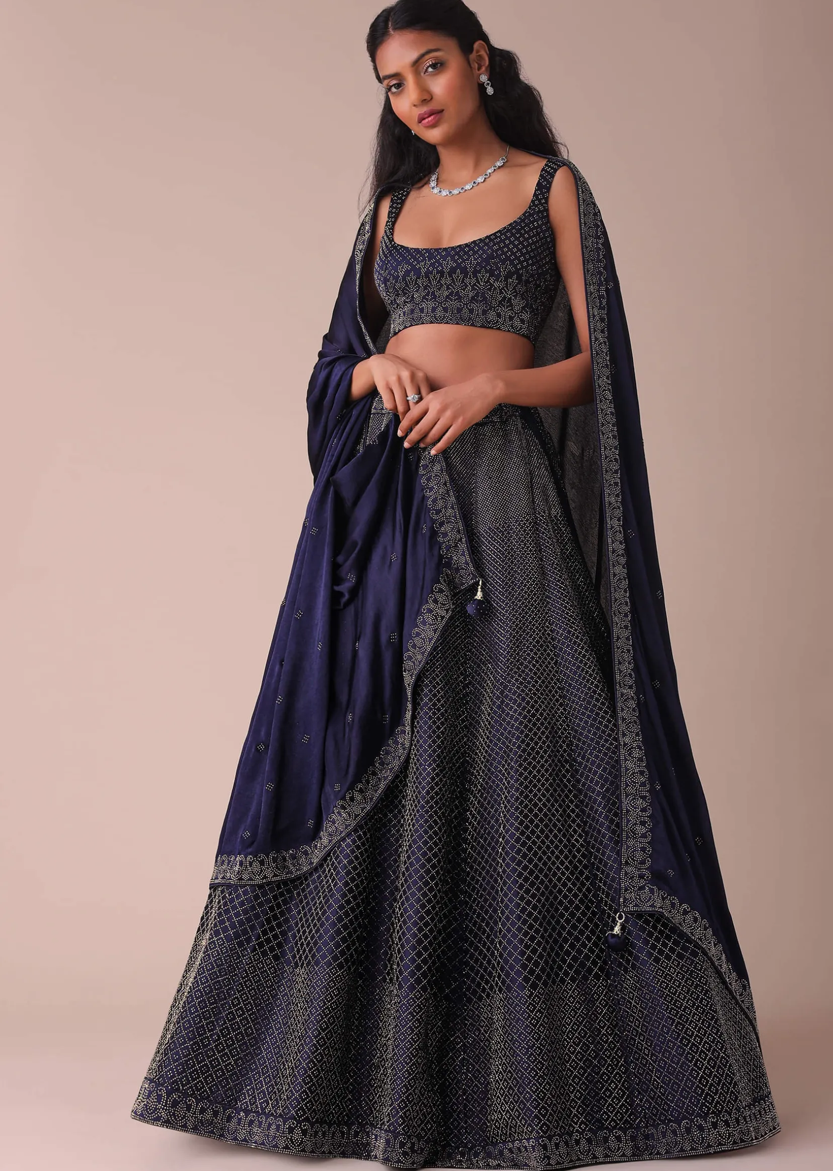 Navy Blue Wrinkle Satin Lehenga With Swarovski Crystals
