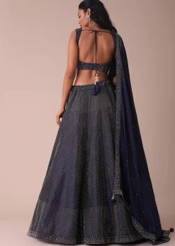 Navy Blue Wrinkle Satin Lehenga With Swarovski Crystals