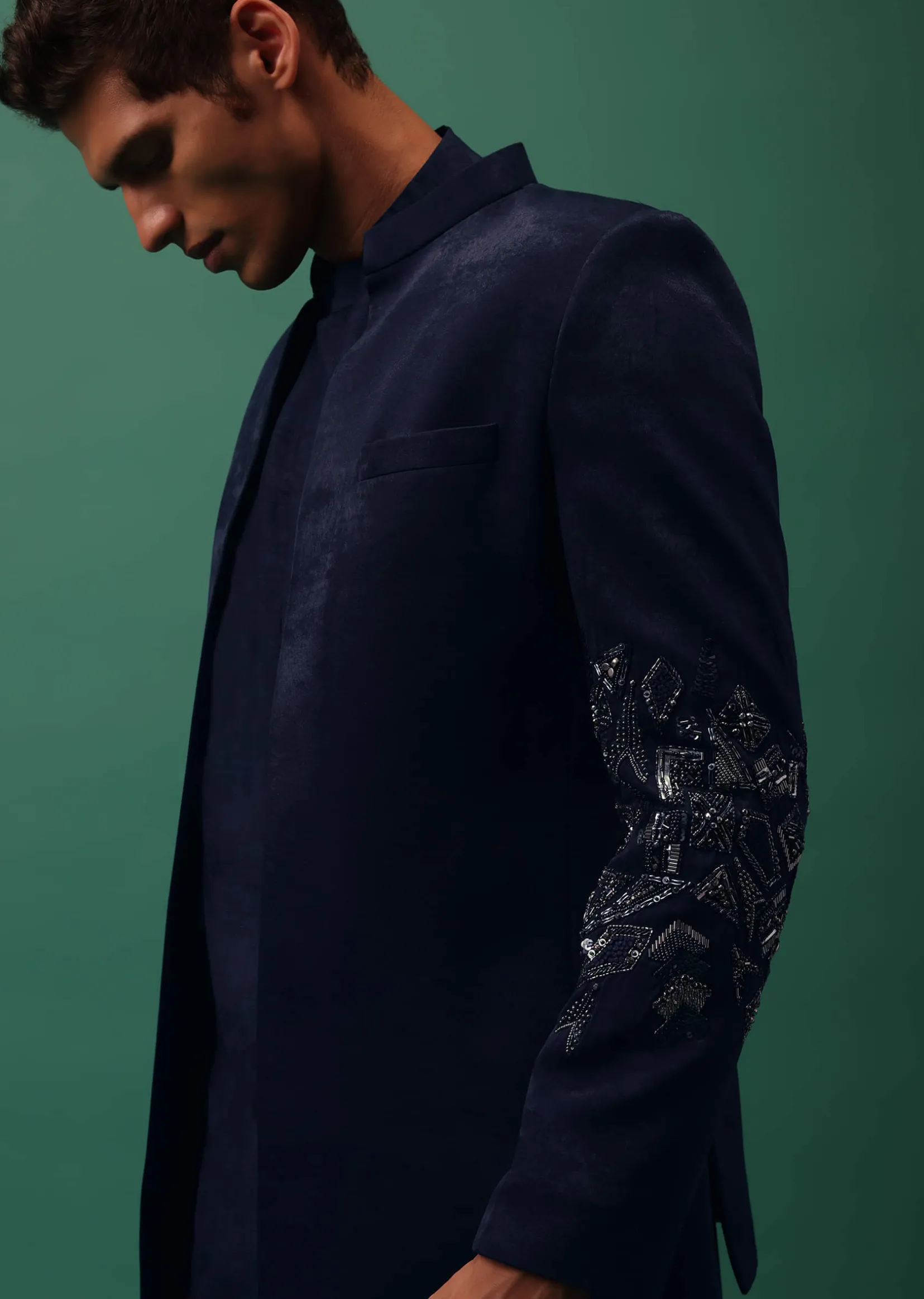 Navy Suede Jodhpuri And Kurta Set With Antique Geometric Embroidery