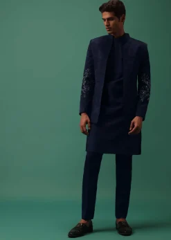 Navy Suede Jodhpuri And Kurta Set With Antique Geometric Embroidery