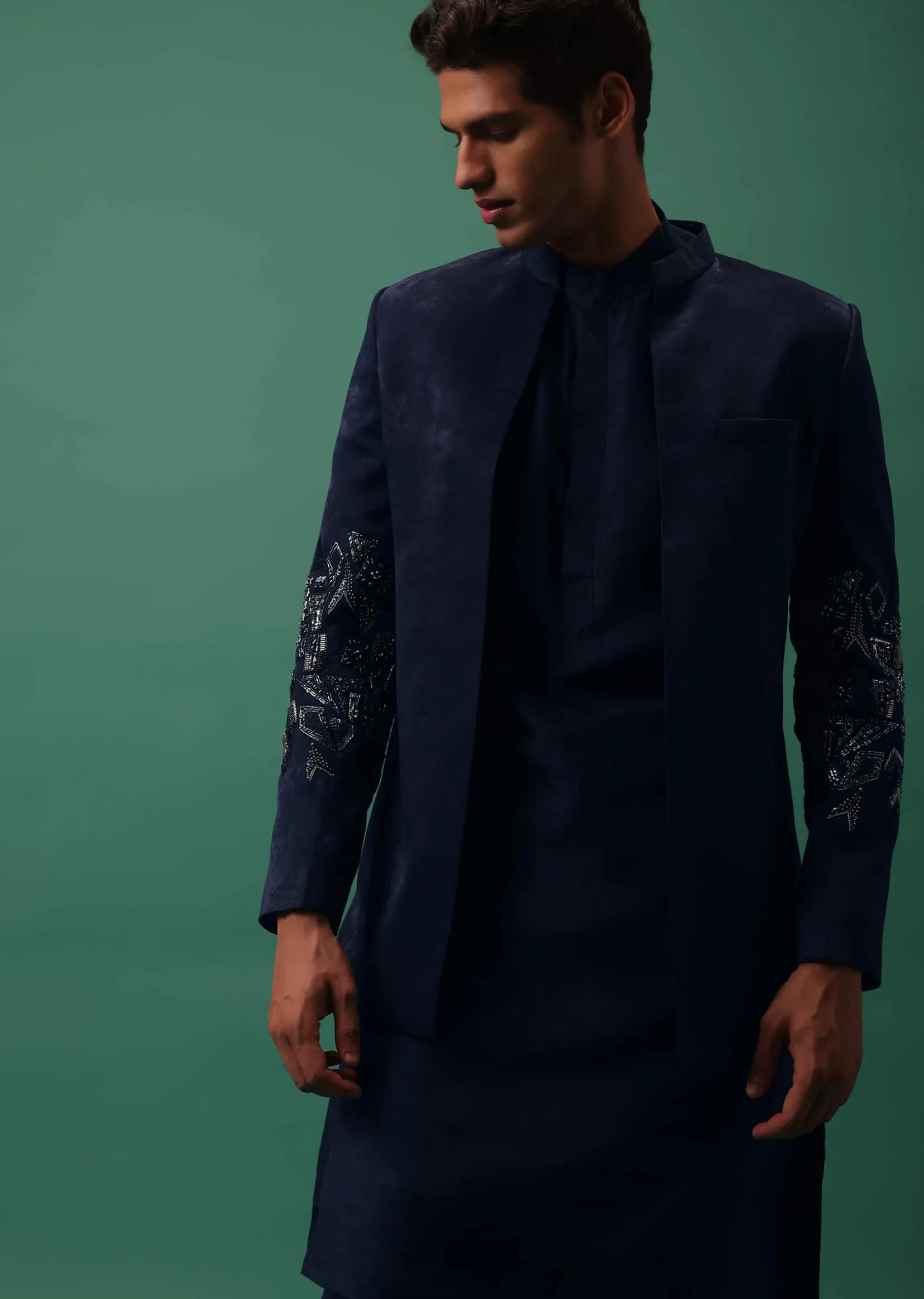 Navy Suede Jodhpuri And Kurta Set With Antique Geometric Embroidery