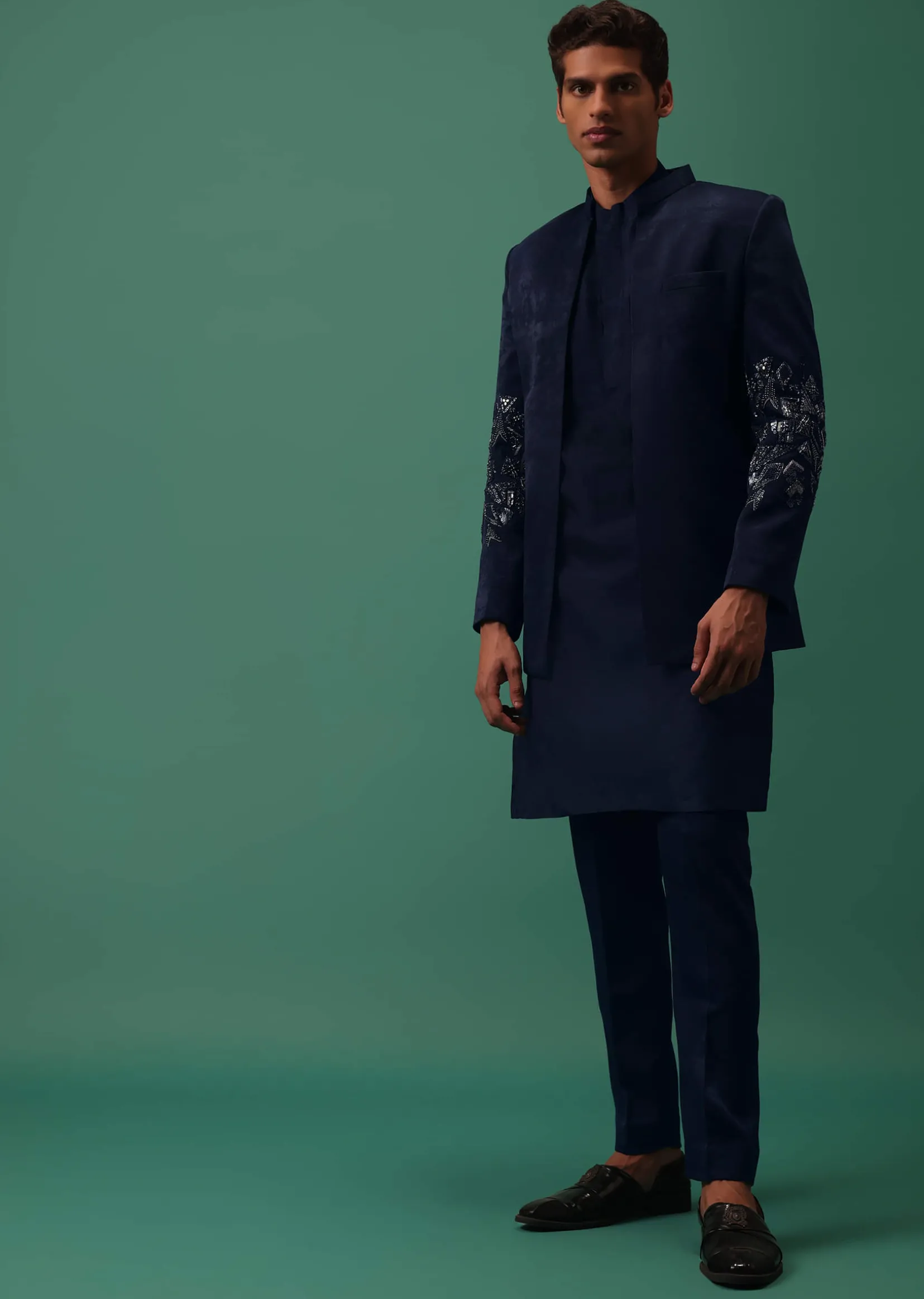 Navy Suede Jodhpuri And Kurta Set With Antique Geometric Embroidery