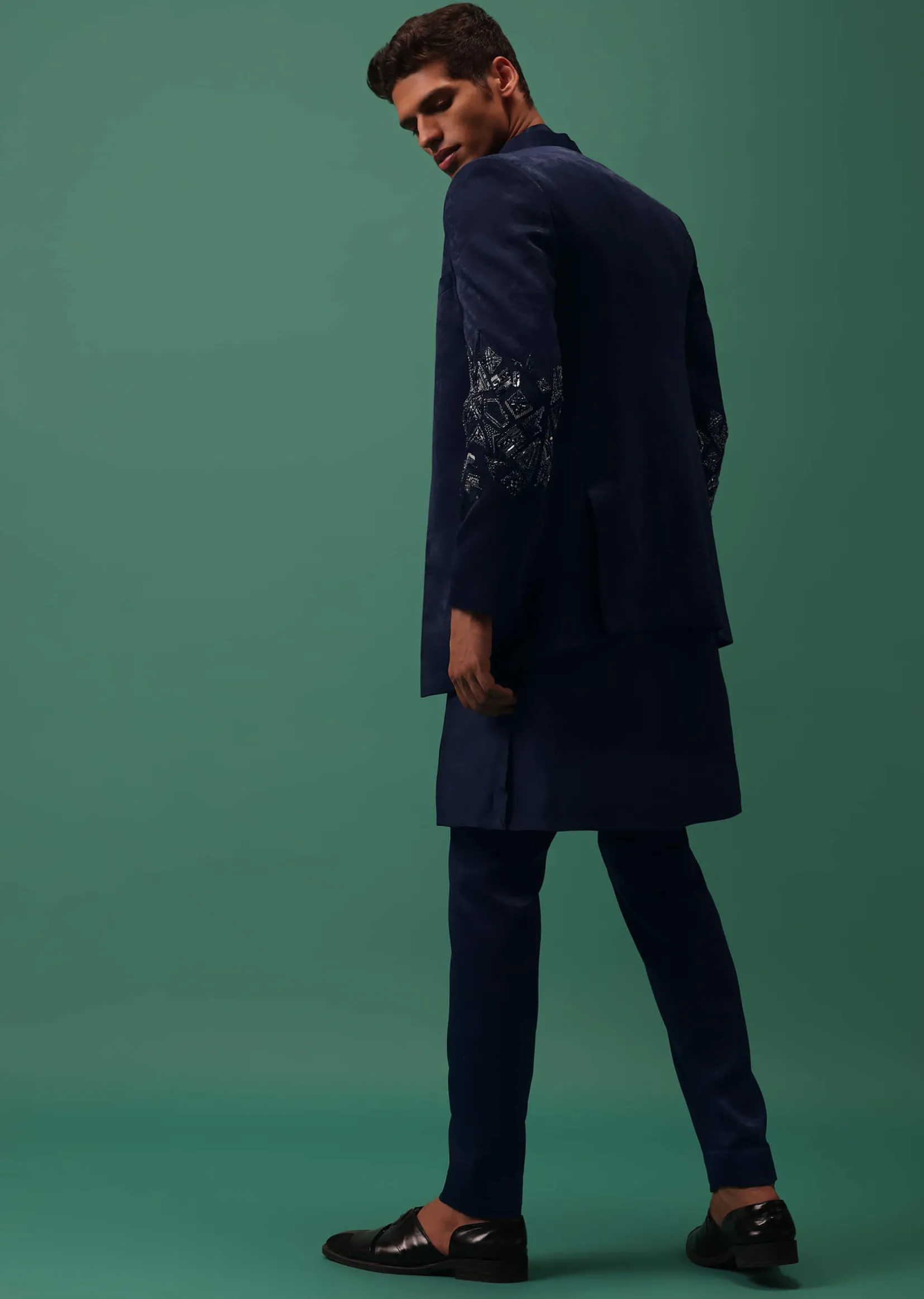 Navy Suede Jodhpuri And Kurta Set With Antique Geometric Embroidery