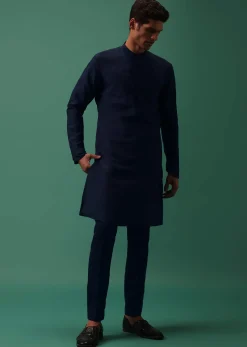 Navy Suede Jodhpuri And Kurta Set With Antique Geometric Embroidery