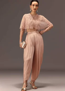 Nude Pleated Blouse With Tassel Cape And Dhoti Pants