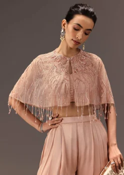 Nude Pleated Blouse With Tassel Cape And Dhoti Pants