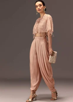 Nude Pleated Blouse With Tassel Cape And Dhoti Pants