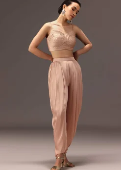 Nude Pleated Blouse With Tassel Cape And Dhoti Pants