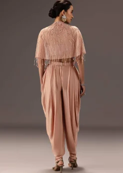 Nude Pleated Blouse With Tassel Cape And Dhoti Pants